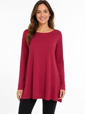 Whispwr Knit Relaxed Long-Sleeve Swing Top in Deep Berry Women's Size L